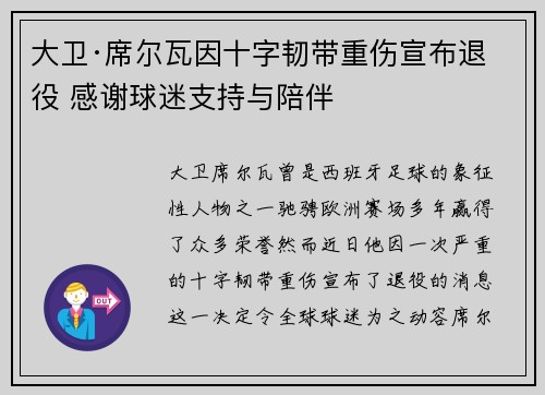 大卫·席尔瓦因十字韧带重伤宣布退役 感谢球迷支持与陪伴